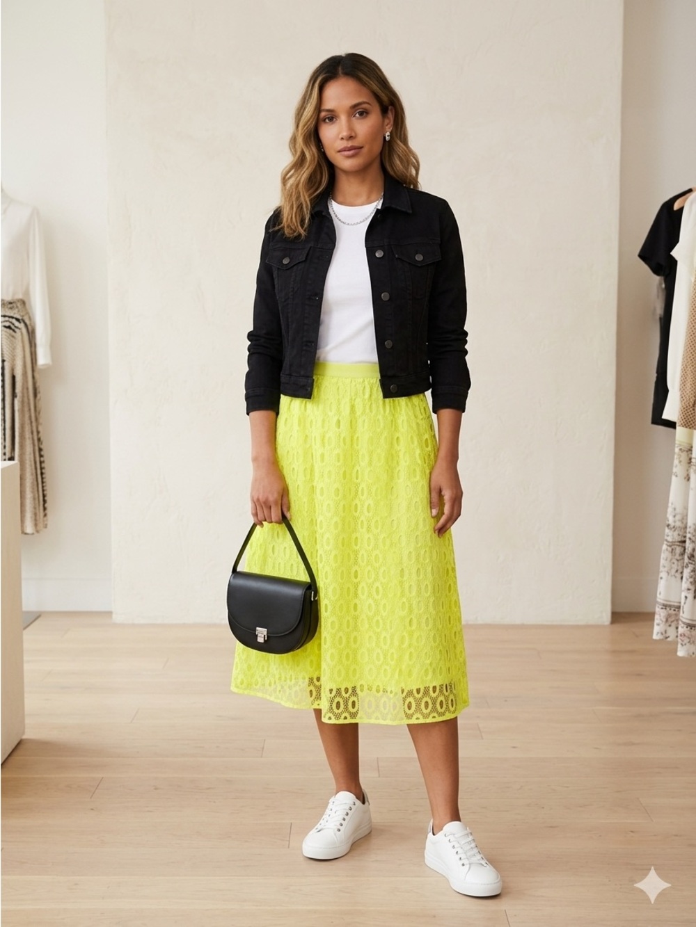 Neon Yellow Lace Midi Skirt — Women's Lace A-Line